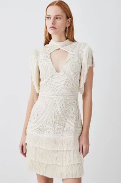 New 🤩 Karen Millen Cornelli Embellished Fringed Woven 👗 Dress 🔔