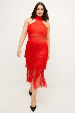 Budget 🎉 Karen Millen Plus Size Cut Out Fringed Bandage Knit Midi 👗 Dress - red 😉