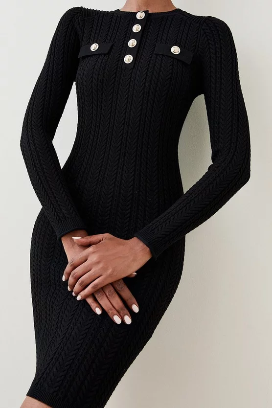 Best Sale ❤️ Karen Millen Military Trim Cable Knit Mini 👗 Dress 🤩 - Image 2