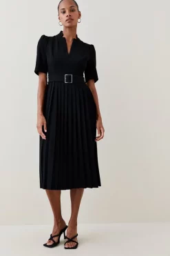 Coupon 😀 Karen Millen Structured Crepe Forever Pleat Belted Midi 👗 Dress 😉