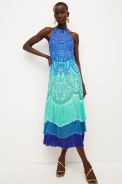 Discount ⌛ Karen Millen Ombre Fringe Strappy Beaded Maxi 👗 Dress 💯