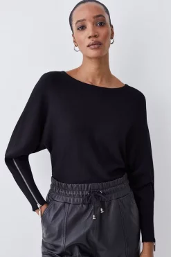 New 💯 Karen Millen Viscose Blend Knit Batwing Zip Sleeve Jumper - black 🥰