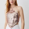 Hot Sale 👍 Karen Millen Liquid Sequin Hanky Woven Halter Top - rose gold 👏