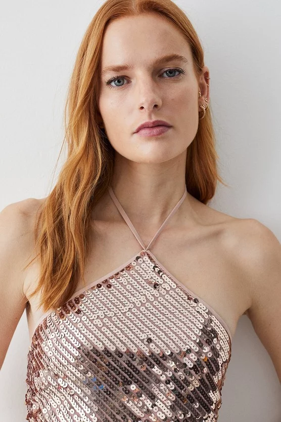 Hot Sale π Karen Millen Liquid Sequin Hanky Woven Halter Top - rose gold π - Image 2