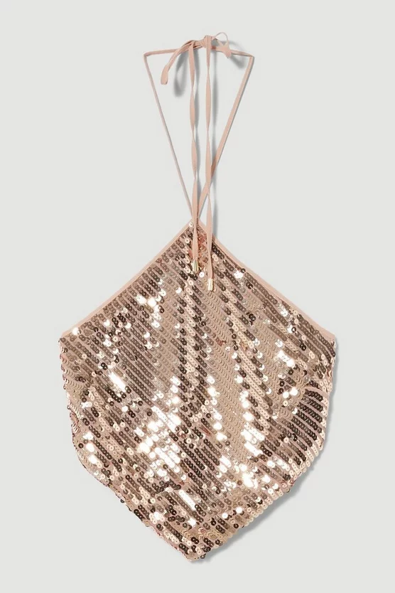 Hot Sale π Karen Millen Liquid Sequin Hanky Woven Halter Top - rose gold π - Image 4