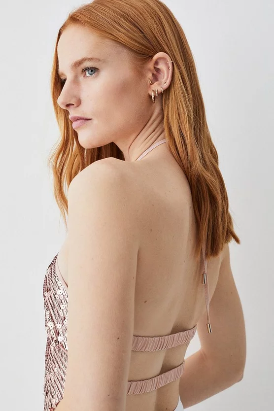 Hot Sale π Karen Millen Liquid Sequin Hanky Woven Halter Top - rose gold π - Image 5