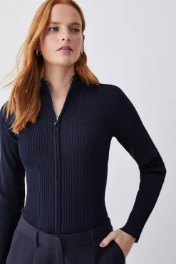 Deals 🎁 Karen Millen Funnel Neck Knitted Rib Zip Through Cardigan ✔️