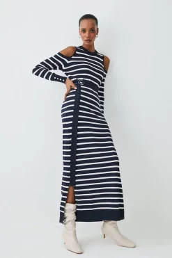 Promo π Karen Millen Viscose Blend Knit Cut Out Stripe Midi π Dress - navy β