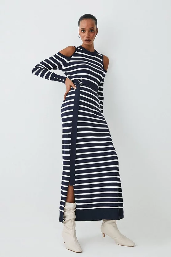 Promo π Karen Millen Viscose Blend Knit Cut Out Stripe Midi π Dress - navy β