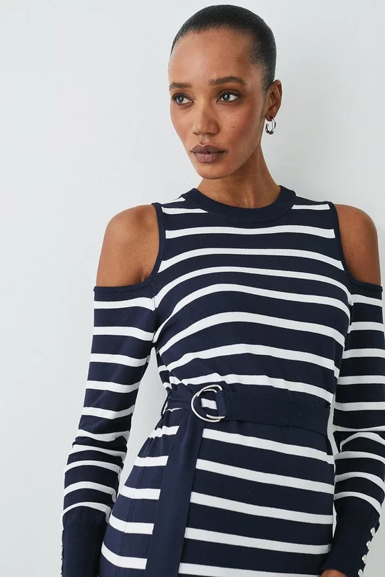 Promo π Karen Millen Viscose Blend Knit Cut Out Stripe Midi π Dress - navy β - Image 2