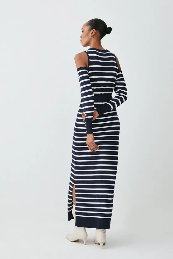 Promo π Karen Millen Viscose Blend Knit Cut Out Stripe Midi π Dress - navy β - Image 3