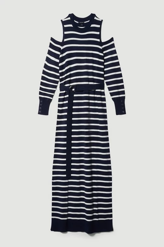 Promo π Karen Millen Viscose Blend Knit Cut Out Stripe Midi π Dress - navy β - Image 4