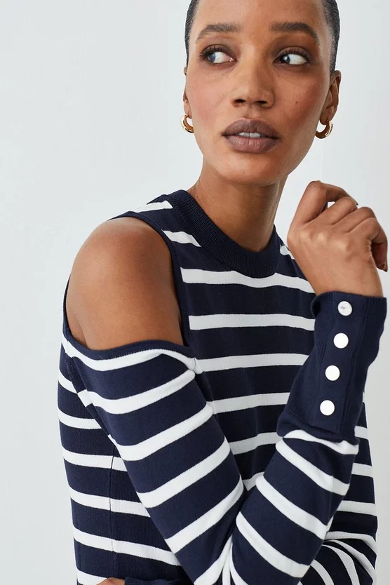 Best reviews of π Karen Millen Viscose Blend Knit Cut Out Stripe Jumper - navy π - Image 2
