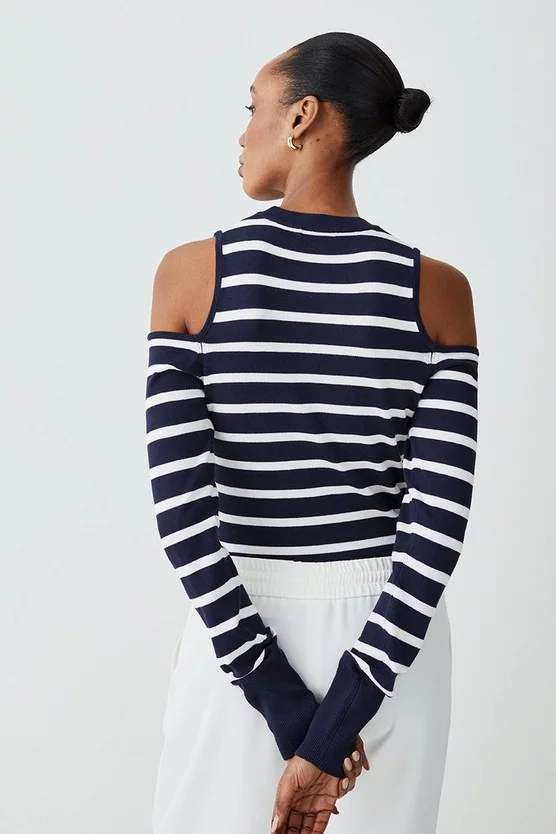 Best reviews of π Karen Millen Viscose Blend Knit Cut Out Stripe Jumper - navy π - Image 3