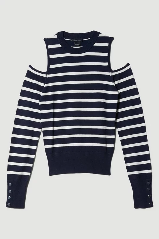 Best reviews of π Karen Millen Viscose Blend Knit Cut Out Stripe Jumper - navy π - Image 4