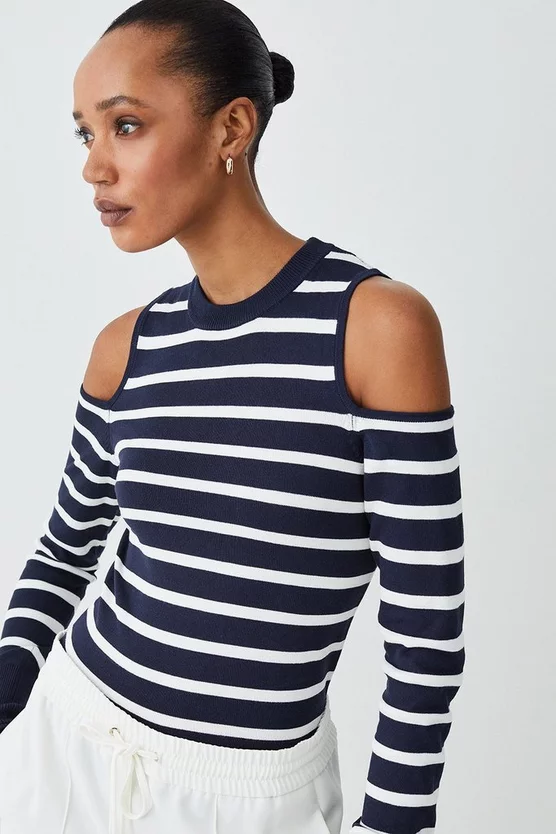 Best reviews of π Karen Millen Viscose Blend Knit Cut Out Stripe Jumper - navy π - Image 5