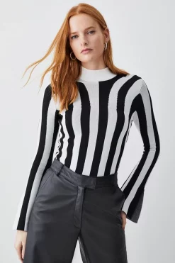 Cheapest 🛒 Karen Millen Stripe Knit Jacquard Long Sleeve Top - mono 🥰