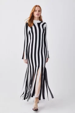 Best reviews of 😍 Karen Millen Stripe Shredded Hem Jacquard Maxi Column 👗 Dress - mono 👏