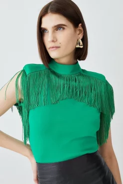 Promo ⌛ Karen Millen Fringe Trim High Neck Ponte Top ⌛