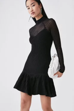 Coupon 🛒 Karen Millen Petite Sheer Knit Peplum Hem 👗 Dress - black 🧨