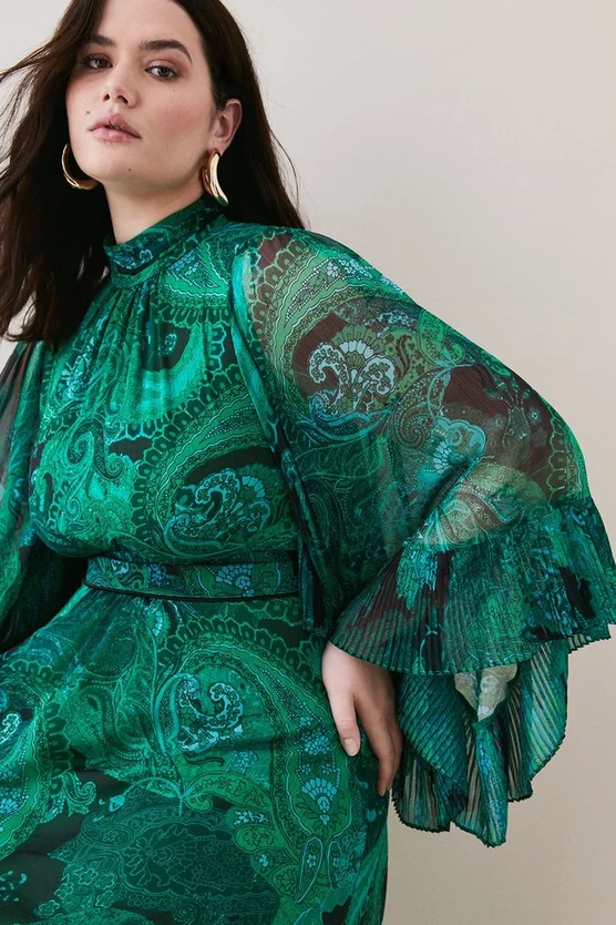Flash Sale π Karen Millen Plus Size Drama Pleated Paisley Woven Midi - green β€οΈ - Image 2