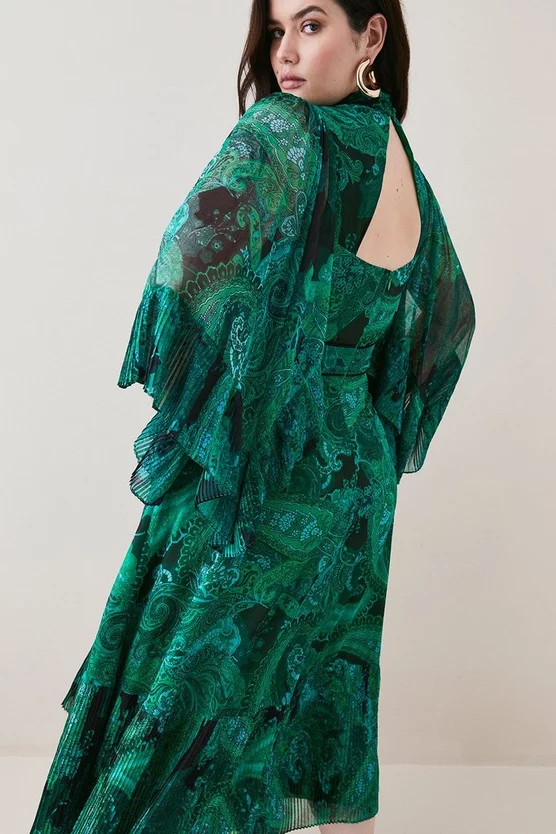 Flash Sale π Karen Millen Plus Size Drama Pleated Paisley Woven Midi - green β€οΈ - Image 3
