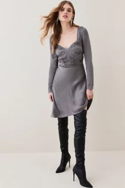 Best deal 👏 Karen Millen Satin Embellished Long Sleeve Mini 👗 Dress 🧨
