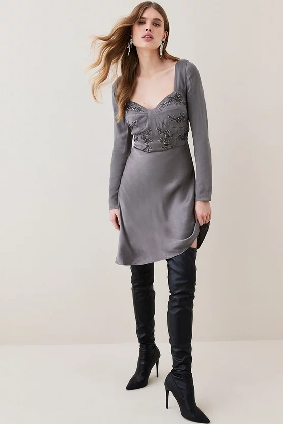 Best deal ๐ Karen Millen Satin Embellished Long Sleeve Mini ๐ Dress ๐งจ