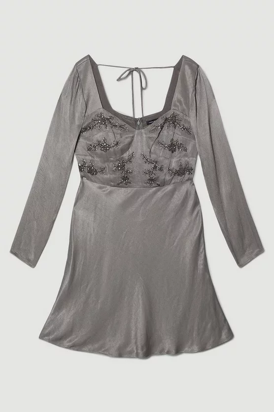 Best deal ๐ Karen Millen Satin Embellished Long Sleeve Mini ๐ Dress ๐งจ - Image 4