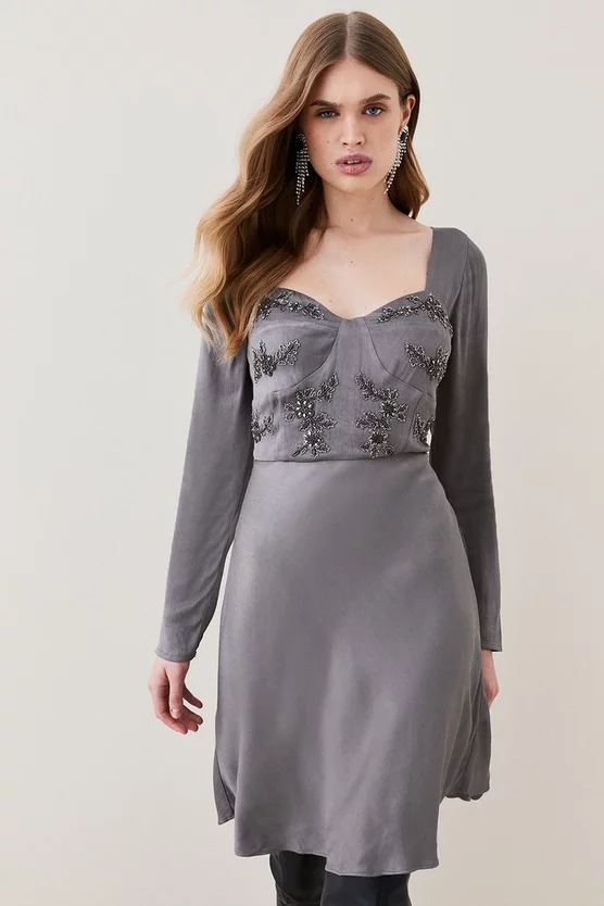 Best deal ๐ Karen Millen Satin Embellished Long Sleeve Mini ๐ Dress ๐งจ - Image 5