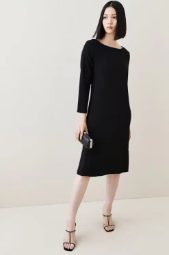 Best Sale ✔️ Karen Millen Compact Stretch Viscose Sleeved Clean Midi 👗 Dress ⌛