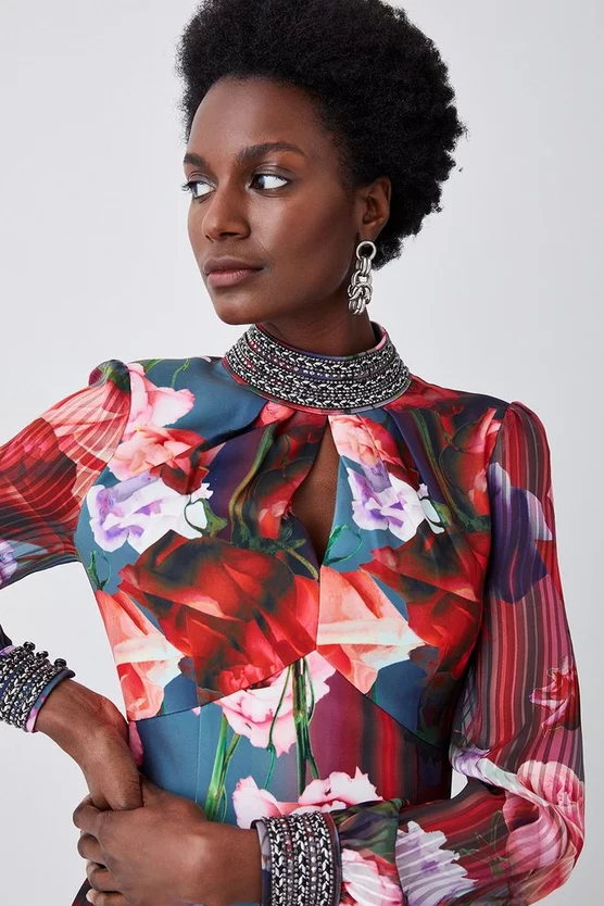 Promo β€οΈ Karen Millen Diamante Trim Floral Woven Mini π Dress π - Image 2