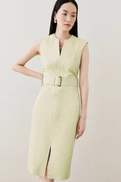 Best Sale π₯ Karen Millen Leather Pocket Belted Midi π Dress - washed lime π
