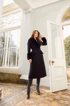 Hot Sale 🔔 Karen Millen Lydia Millen Belted Sheepskin & Italian Virgin Wool 🧥 Coat - black ✔️