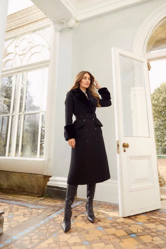 Hot Sale π Karen Millen Lydia Millen Belted Sheepskin & Italian Virgin Wool π§₯ Coat - black βοΈ
