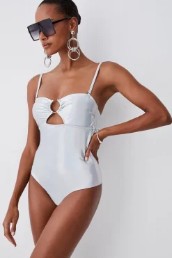 Buy 🔔 Karen Millen Metallic Cut Out Silver Trim 🩱 Swimsuit - metallic silver 😉