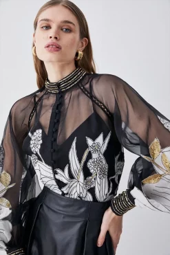 Deals ⭐ Karen Millen Organdie Applique Buttoned Woven Blouse - black 🎉