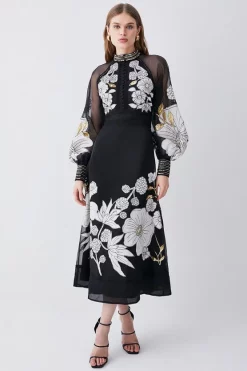 Brand new 🌟 Karen Millen Organdie Applique Buttoned Woven Midi 👗 Dress - black ✔️