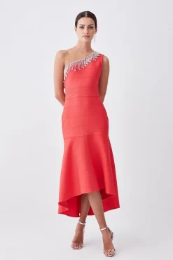 Cheap π Karen Millen Tall Bandage Diamante Trim One Shoulder High Low Midi π Dress - pink π―
