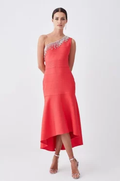 Top 10 π Karen Millen Petite Bandage Diamante Trim One Shoulder High Low Midi π Dress - pink π