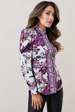 Promo 🎁 Karen Millen Lydia Millen Border Cotton Sateen Dip Hem Woven 👚 Shirt - floral 😀