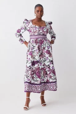 Hot Sale 🎉 Karen Millen Plus Lydia Millen Border Cotton Sateen Woven Midi 👗 Dress - floral 🔥