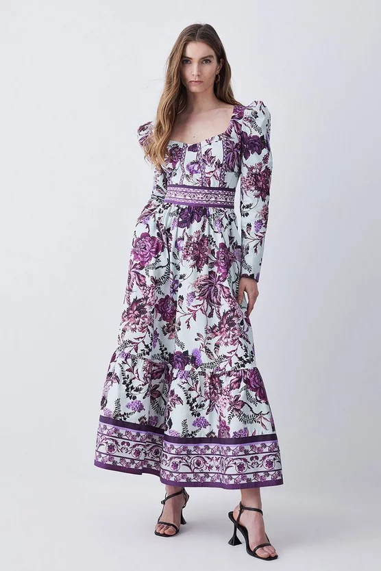Best Pirce β¨ Karen Millen Lydia Millen Tall Border Cotton Sateen Woven Midi π Dress - floral β¨
