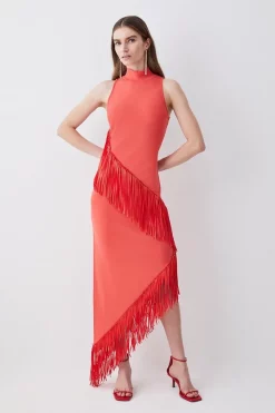 Brand new 💯 Karen Millen Fringe Hem Asymmetric Knit Midi 👗 Dress - red 🌟