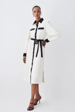 Best Sale 🛒 Karen Millen Contrast Twill Trimmed Midi 👕 Shirt 👗 Dress - ivory 👍