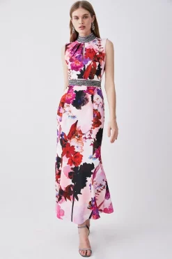 Cheap π Karen Millen Diamante Trim Floral Woven Maxi π Dress - pink π€©