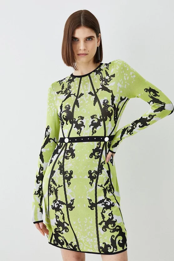 Outlet π₯° Karen Millen Embellished Slinky Jacquard Knitted Mini π Dress - bright green π€©
