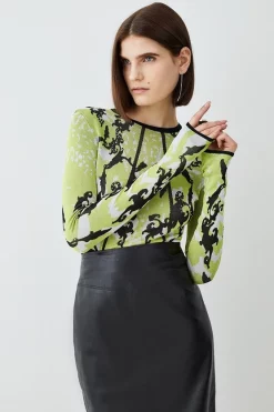 Best Sale ✨ Karen Millen Slinky Jacquard Full Sleeve Knit Top - green 🔥