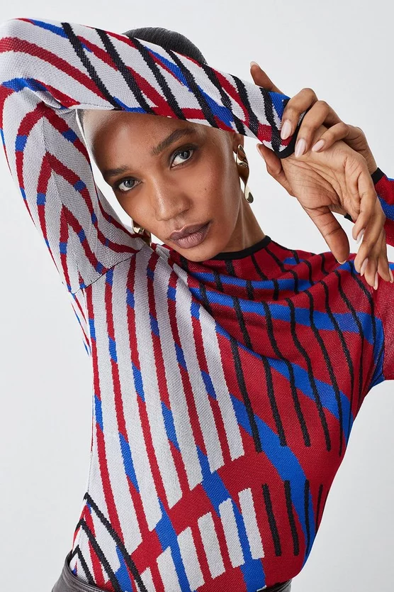 Flash Sale β Karen Millen Slinky Crew Neck Jacquard Abstract Knit Top - red β - Image 2