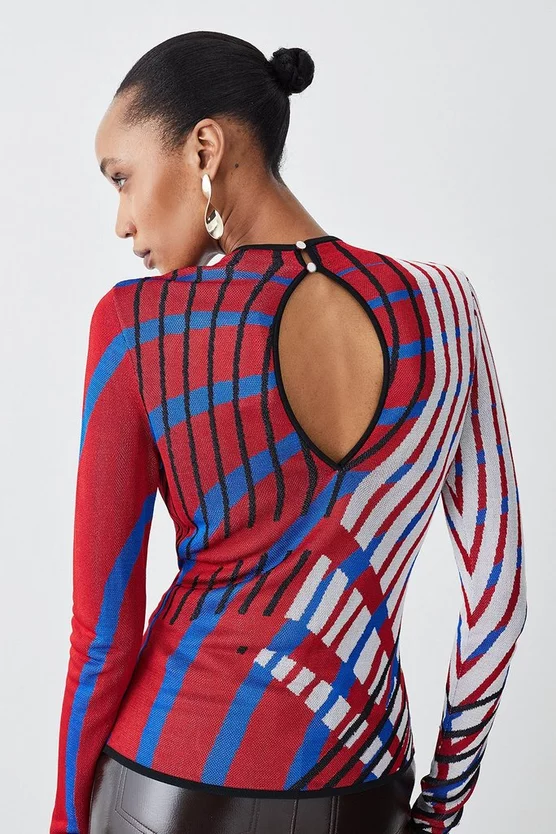 Flash Sale β Karen Millen Slinky Crew Neck Jacquard Abstract Knit Top - red β - Image 3